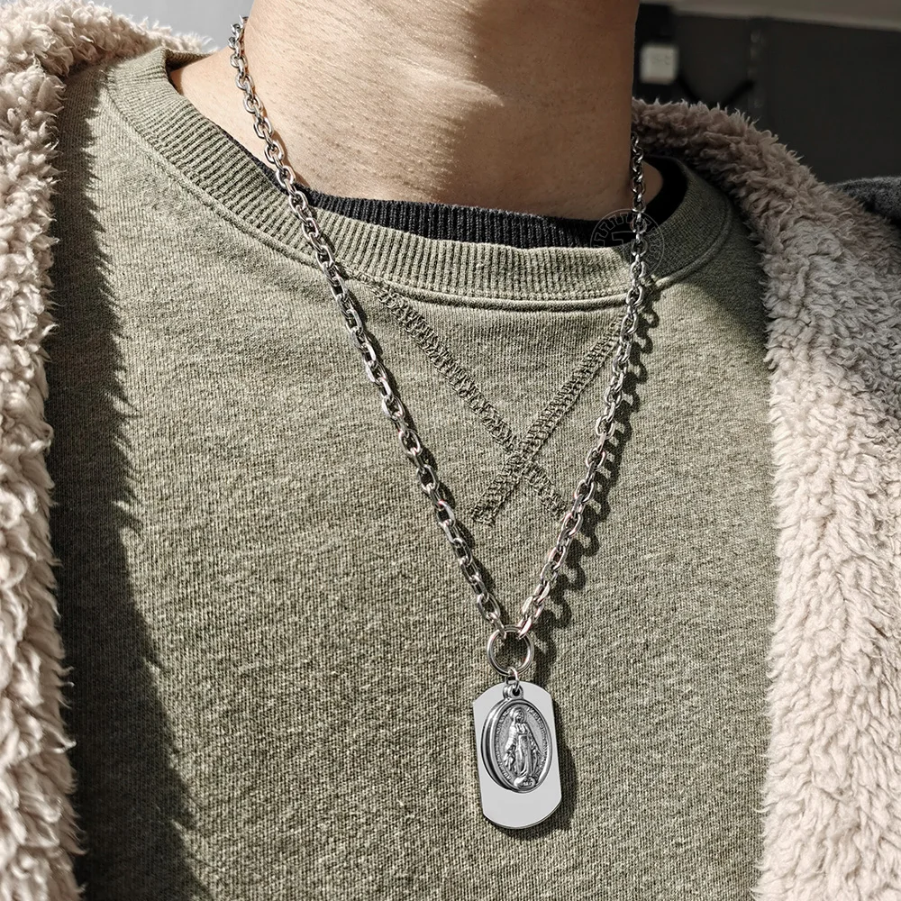 

Персонализированный жетон для собак, Подвески "Дева Мария", ожерелье для мужчин, серебряный цвет, цепочка из нержавеющей стали, трос Rolo, грав...