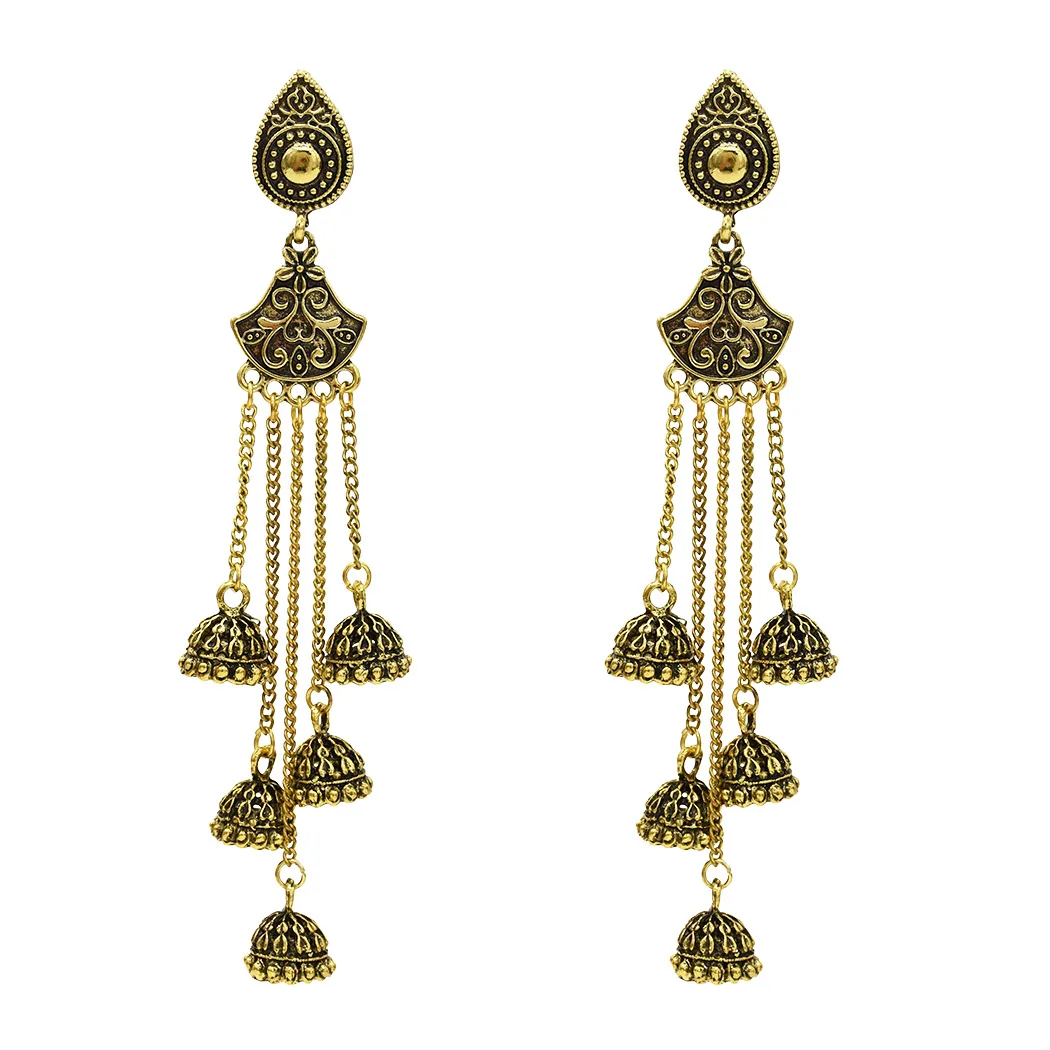 gold Индийские окисленные серьги Jhumka Jhumki, индийские ювелирные изделия для женщин, золотые, серебряные, длинные серьги с кисточками, с ушками, для афганского, египетского, турецкий Цыганский - Окраска металла: gold
