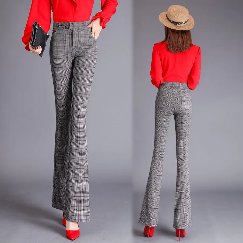 Flare Women 2020 Spring Fashion Lady Trousers High Waist Skinny Pantalon Femme Workwear Office Woman Vintage Plaid Pants