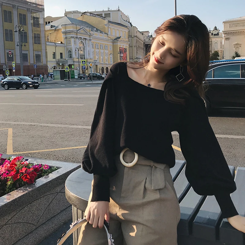 2019 MISHOW Autumn vintage Knitted sweater for women fashion causal Square collar Lantern sleeve short tops MX18C5196 | Женская одежда