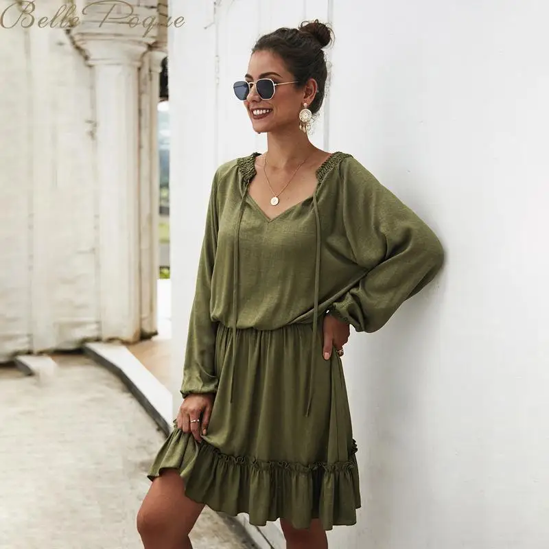 Belle Poque женские свободные платья с длинным рукавом v образный вырез одноцветные