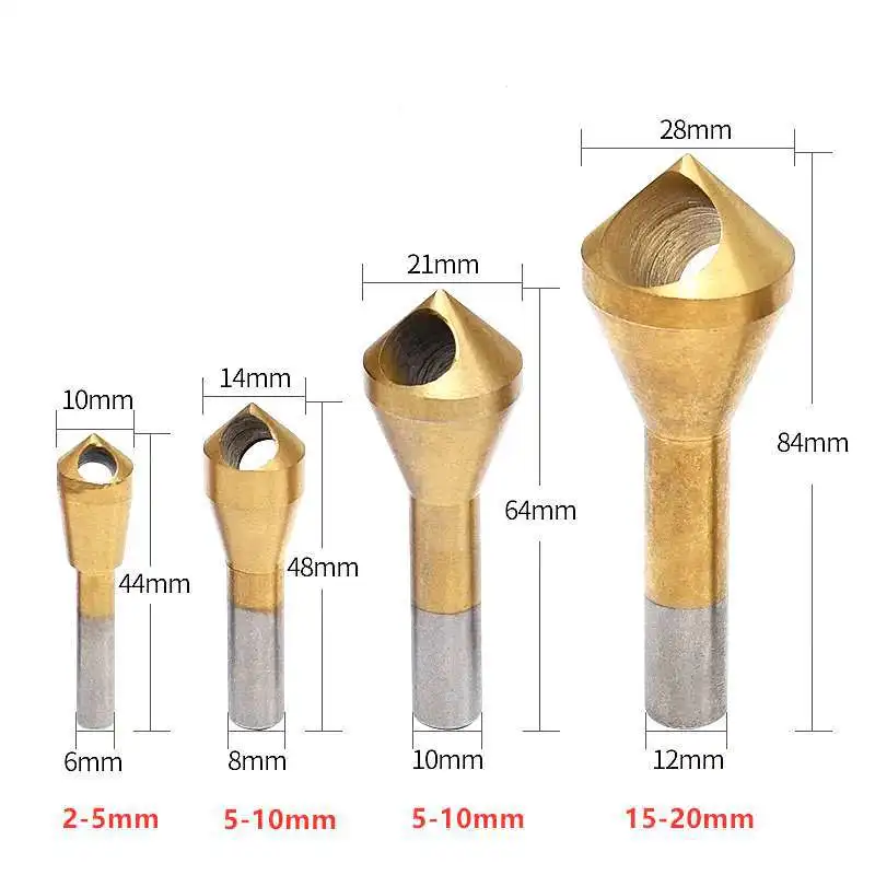 4pcs/set Titanium Coated Countersink Deburring Center Stepped Metal Drill Bits Expanding Chamfering Tools 2-5/5-10/10-15/15-20mm |