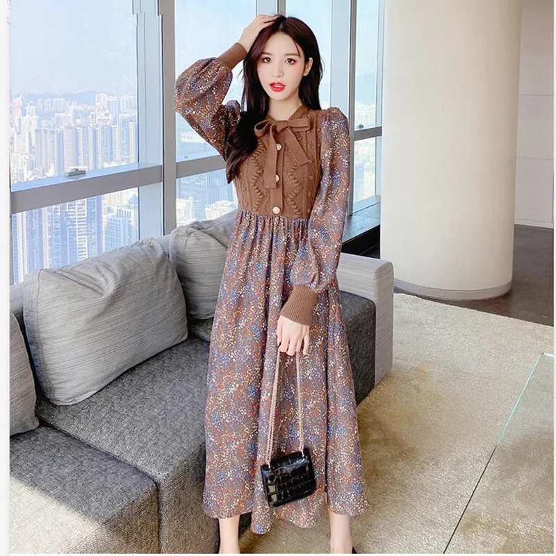 

Женское длинное платье с цветочным принтом, Трикотажное макси-платье в стиле бохо с рукавами-фонариками, весна-осень 2021