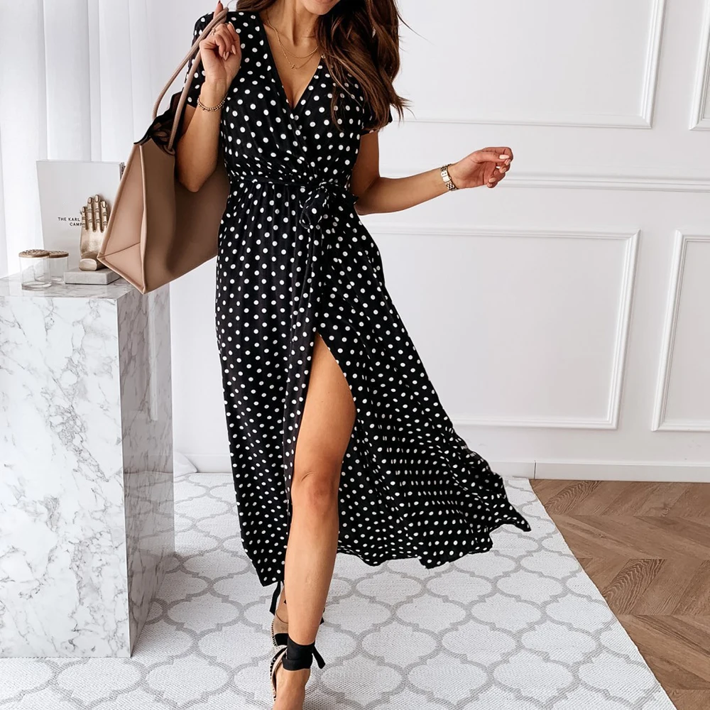 

Summer Polk Dot Chiffon Dress Women Sexy V-neck Split Long Maxi Dresses Boho Plus Size Sundress Casual Short Sleeve Party Dress