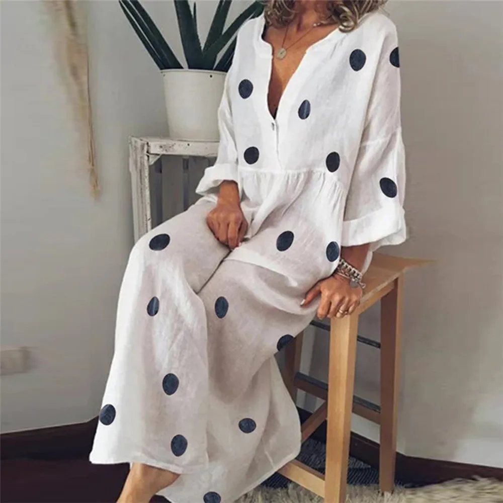 Plus Size Women Boho V-neck Long Shirt Dress Summer Holiday Polka Dot Maxi | Женская одежда