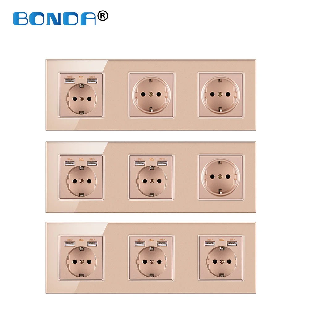 

BONDA USB Plug Socket EU Standard Power Double Wall Usb Socket Charger AC110V-250V16A Crystal Glass Panel Electrical Outlets