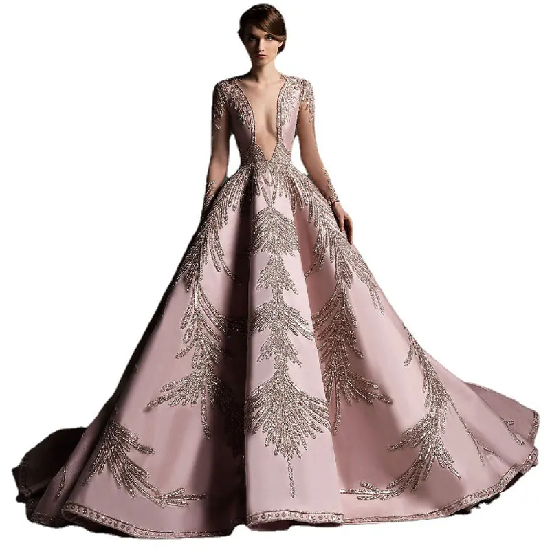 

Embroidery Sequined Satin Maxi Dress Noble Design Women A Line Ball Gown Fashion Sexy Deep V Neck Prom Dress for Formal Party