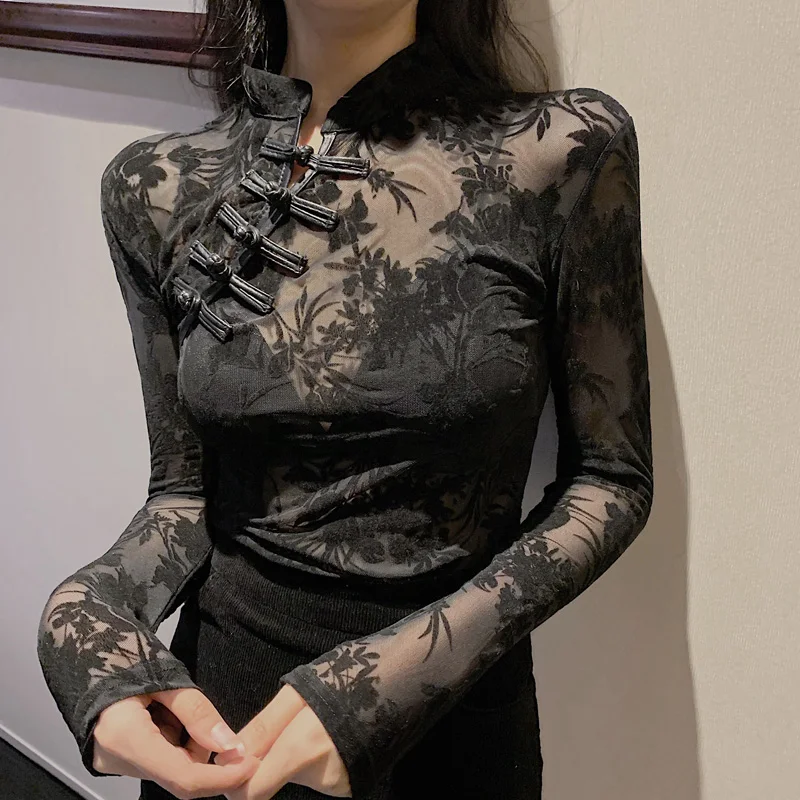 

Girls Transparent Lace Blouses Shirts Tees Female Chinese Style Turtleneck Vintage Full Sleeve Black Blouses Tops For Women