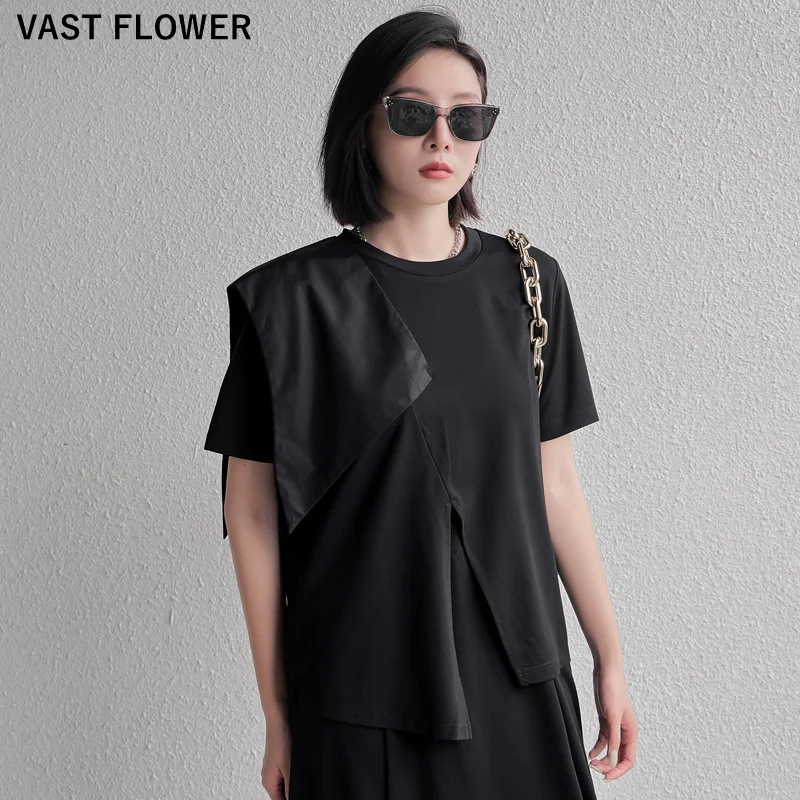 

Women Irregular Split Black Vintage T-Shirt New Loose Casual O-Neck Short Sleeve T Shirt Tops Clothes Fashion Summer 2021