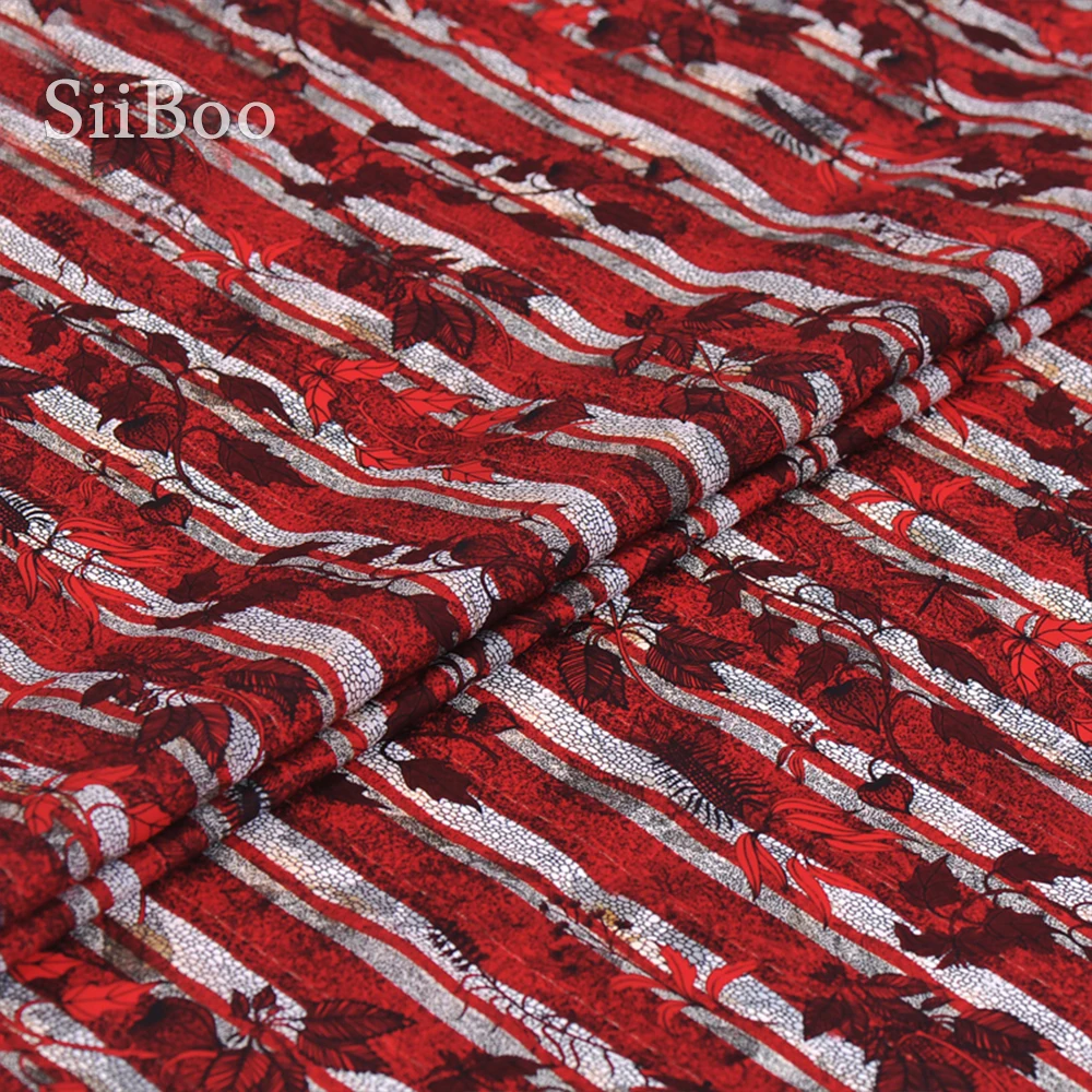 Роскошная красно синяя шелковая ткань стрейч в полоску с растительным принтом
