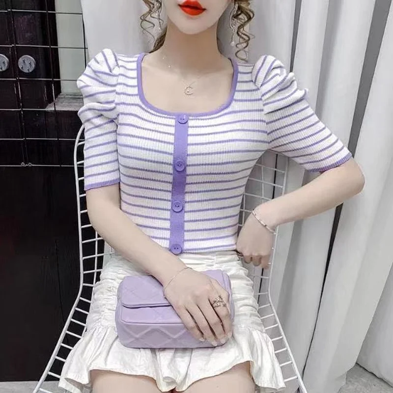 

Vintage Slim short sleeve shirt women summer Squae Collar Striped clothes t shirt top harajuku 90s aesthetic graphic tshirts
