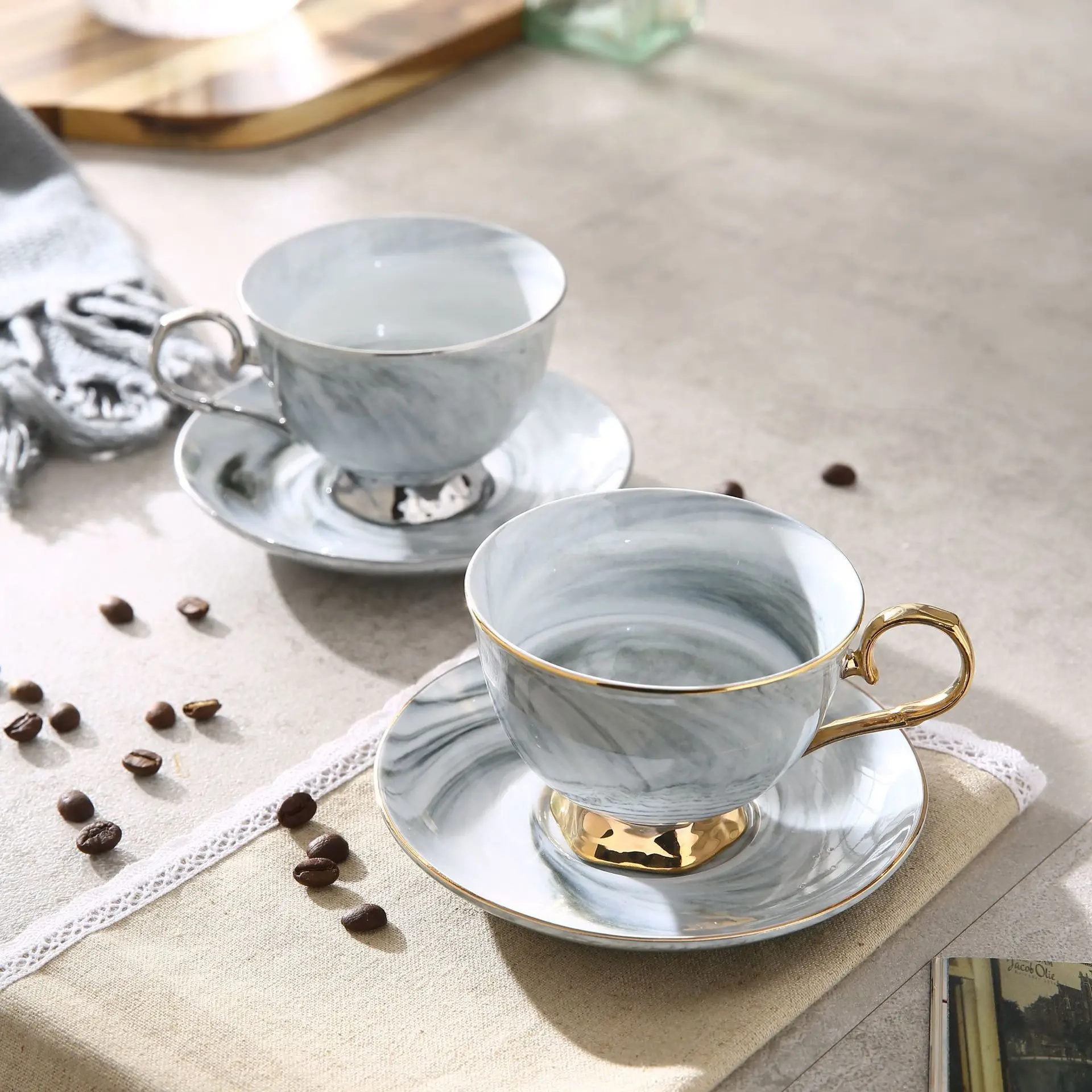 

300ml Marble Ceramic Coffee Mug Luxury Marble Coffee Cup Saucer Set Gold Rim Teacup Breakfast Milk Couple Mugs Drinkware