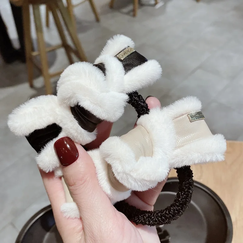 Женские роскошные меховые аксессуары для волос с пушистым бантом эластичная