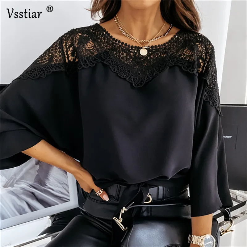 

Vsstiar 2021 New White Black Blouse Women Flare Sleeve O Neck Plus Size Shirts Sexy Lace Patchwork Casual Ladies Tops