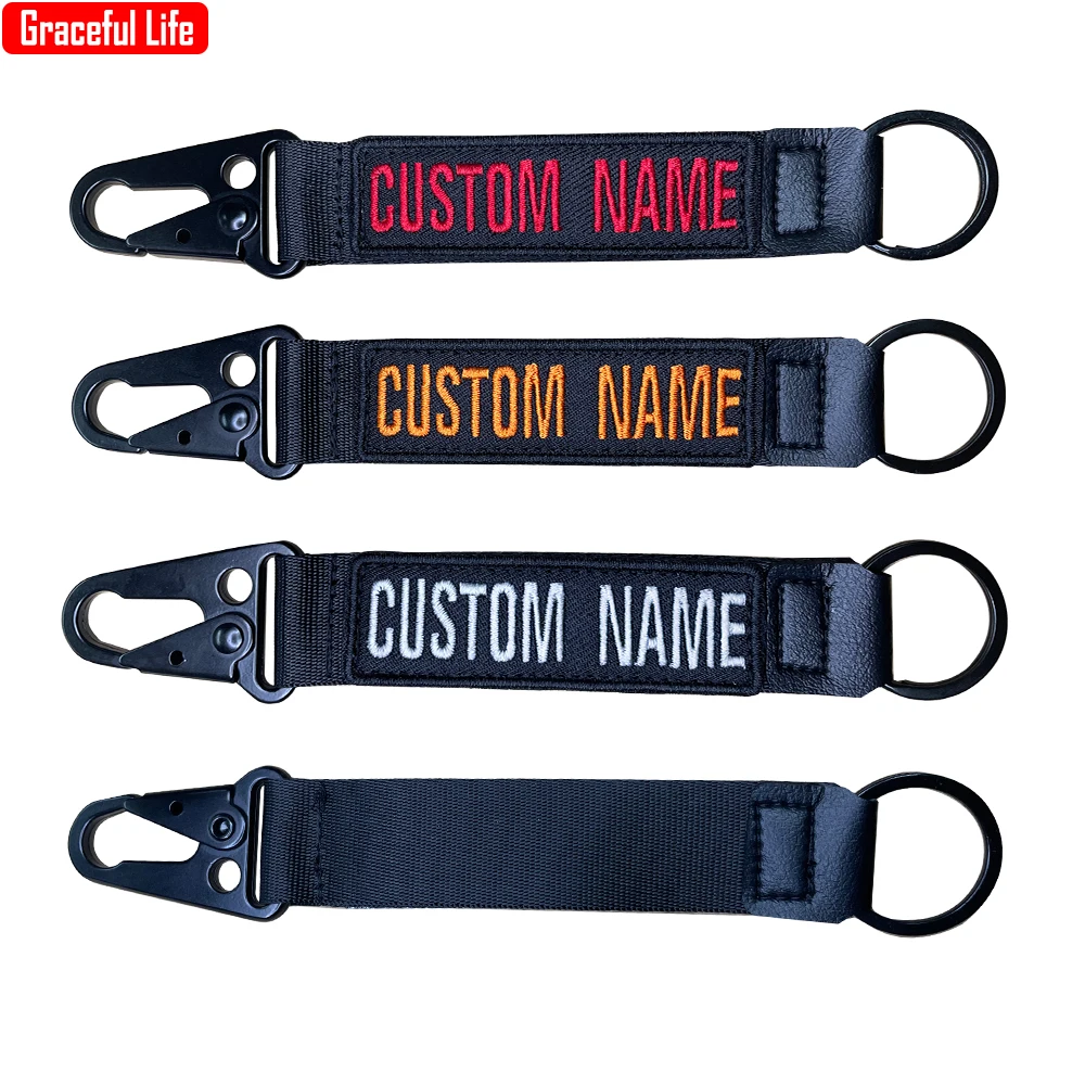 

Personality Key-chain Custom text Motorcycle Embroidery Tag Key ring Holder for Molle Bags Webbing Attachment
