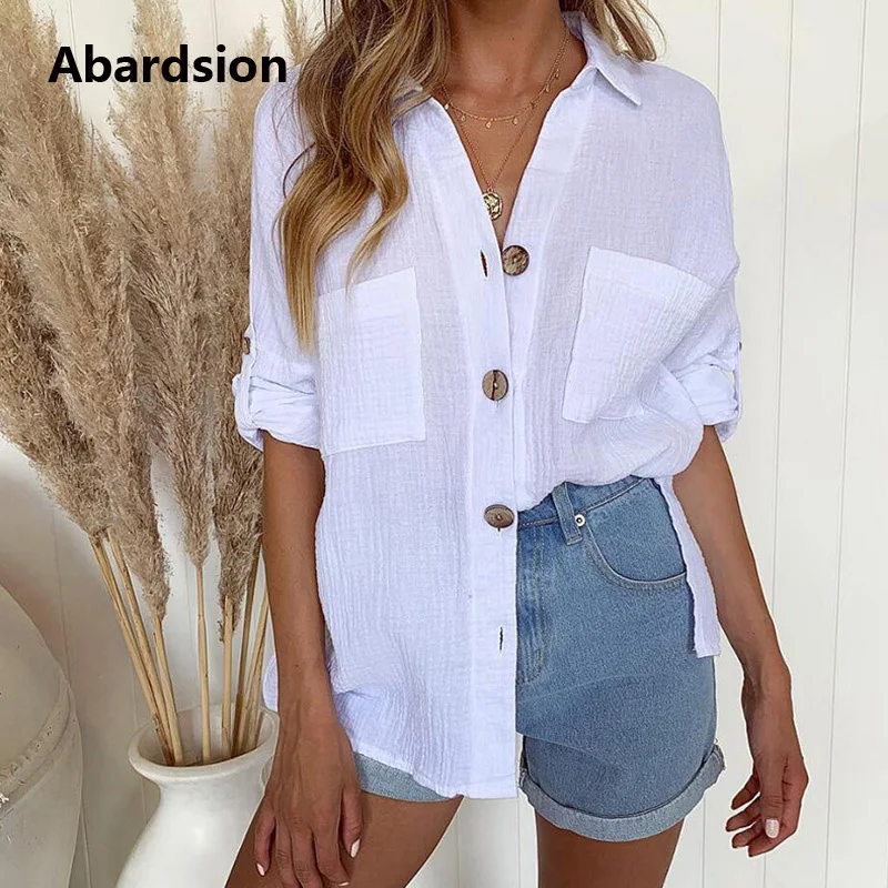 Abardsion Элегантная блузка из хлопка и льна 2019 Женская Повседневная рубашка на