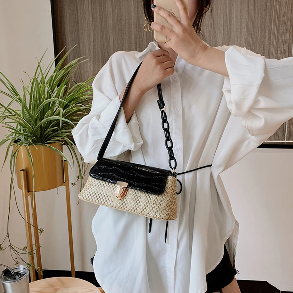 Модные женские соломенные сумки на плечо повседневные плетеные с каменным