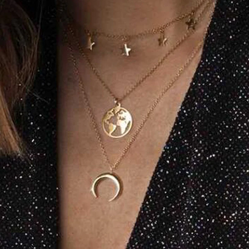 

Simple Hollow Map Moon Necklace Trendy Multilayer Star Metal Alloy Necklaces For Woman Popular Pendant Jewelry