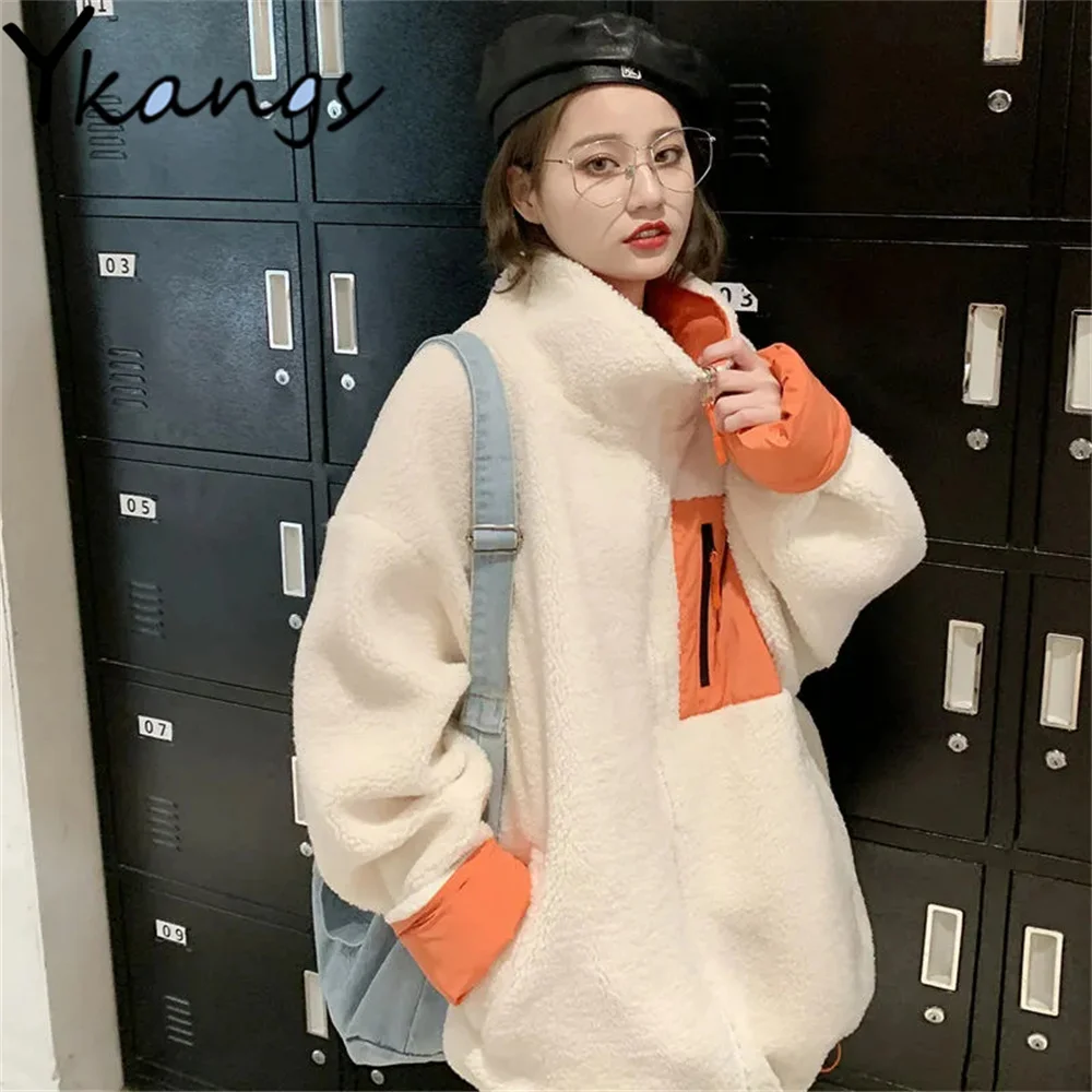 

Двухсторонняя одежда, парка, теплая Женская куртка, куртка в стиле пэчворк с имитацией овечьей шерсти, зимняя Корейская женская модель с лац...
