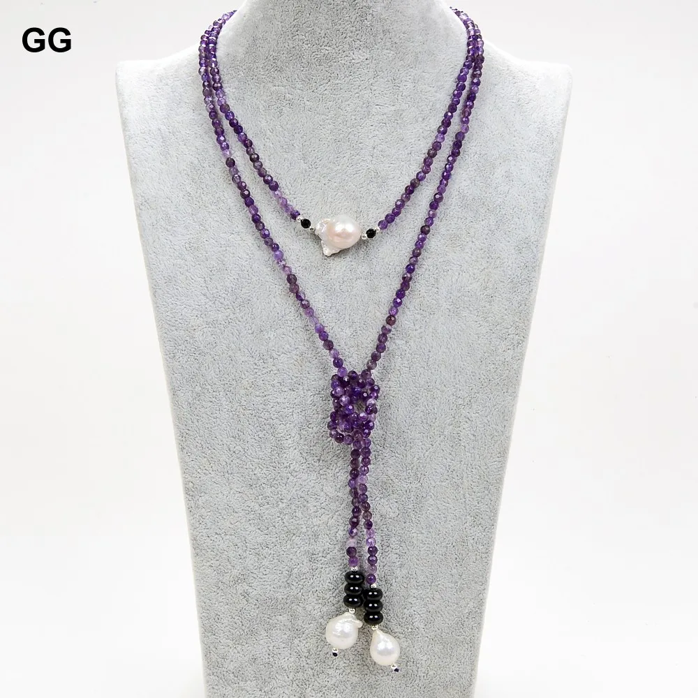 

GuaiGuai гарнитур ювелирных украшений из природного граненый пурпурные аметисты белый жемчуг черный оникс длинное ожерелье 51 ''для женщин