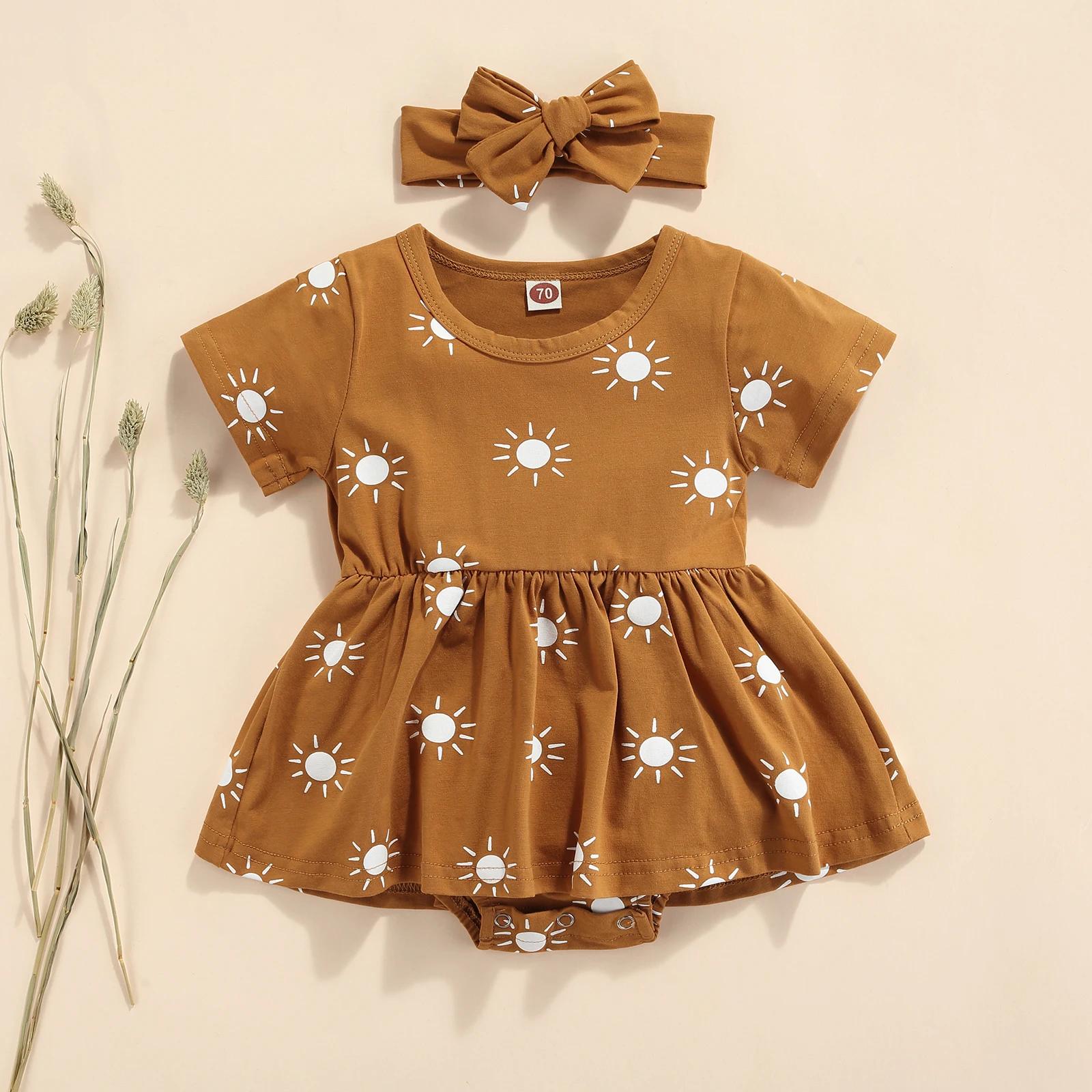 

Детское платье-комбинезон с коротким рукавом + повязка на голову, летняя одежда трапециевидной формы с принтом солнца