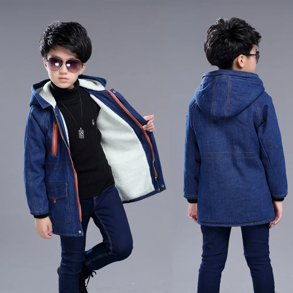 Джинсовая куртка для мальчиков с начесом капюшоном хлопковая теплая | Детская