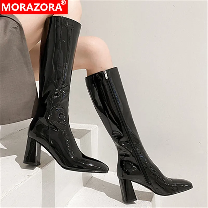

MORAZORA 7cm High Heels 2022 Newest Genuine Leather Shoes Women Knee High Boots Zip Fashion Autumn Boots Ladies Black