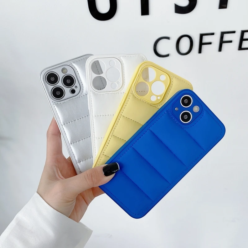 

Luxury Leather Down Jacket The Puffer Phone Case For iPhone 13 12 11 Pro Xs Max X Xr 7 8 Puls SE Candy Color Shockproof Cover