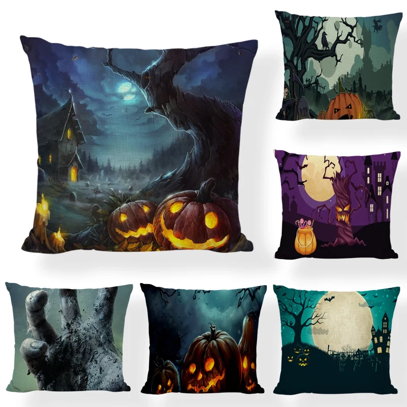 

Happy Halloween Pillow Cover Pumpkin Spider Web Pillow Case Black Linen Throw Cushion Cover Cushion Cases for Home Office Hallow