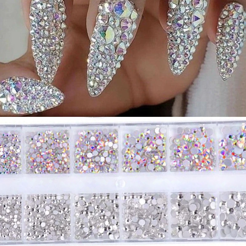 12 ячеек красочные Кристальные стразы для дизайна ногтей стеклянные камни бусины