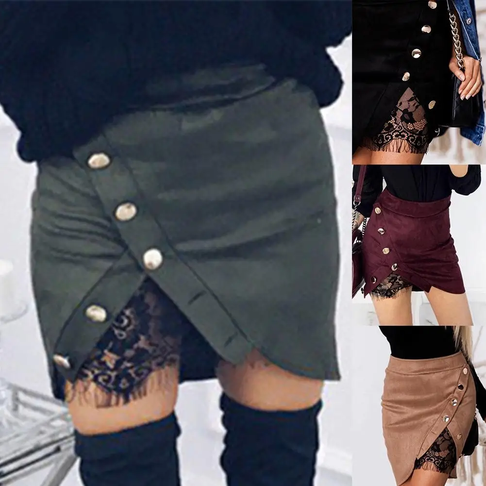 Женские юбки-карандаш с высокой талией пуговицами и кружевом в стиле пэчворк