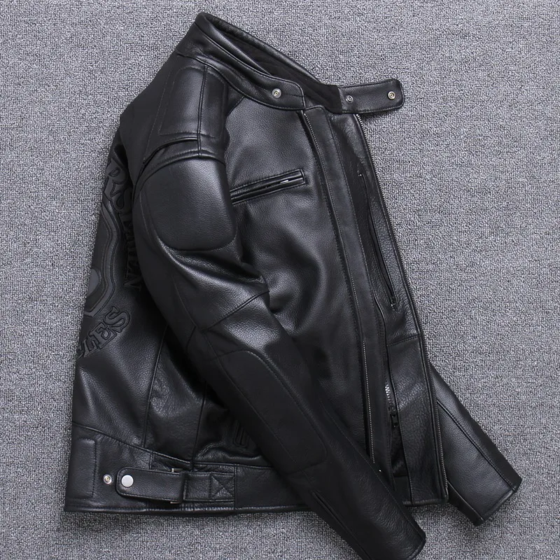 

2021 Factory New Men Cow Leather Jacket Real Cowhide Luminous Back Skull Motorcycle Biker Jackets Russia Winter Coats