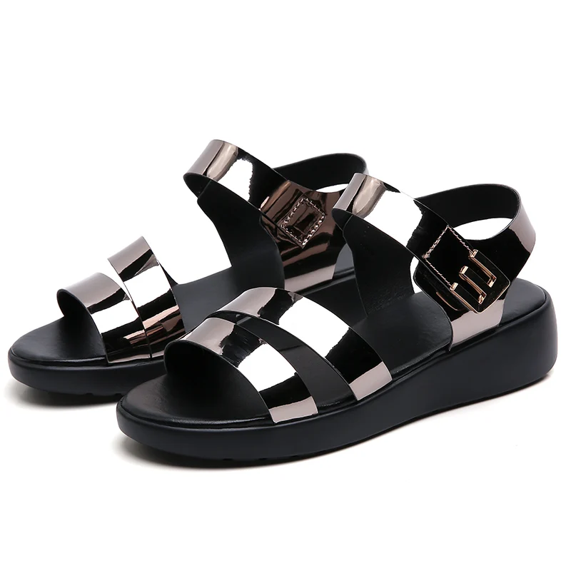 

2021 sandals female summer fashion casual outer wear thick crust slope with open-toed flat metal trim middle-aged Velcro shoes