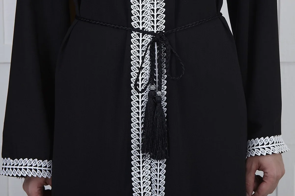 

Muslim Dress Dubai Beading Moroccan Kaftan Open Abaya Long Robe Lace-up Hijab Outwear Tunic Arab Jubah Party Islamic Clothing