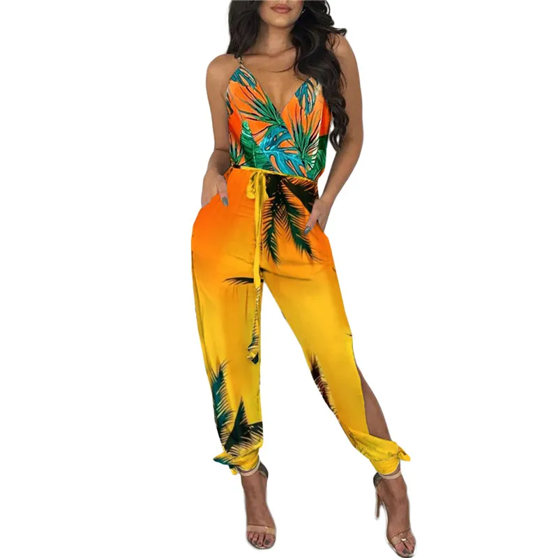 

Women Sexy Boho Printed Sling Jumpsuit Deep V-neck Sleeveless Overalls Slim Backless Romper With Waistband