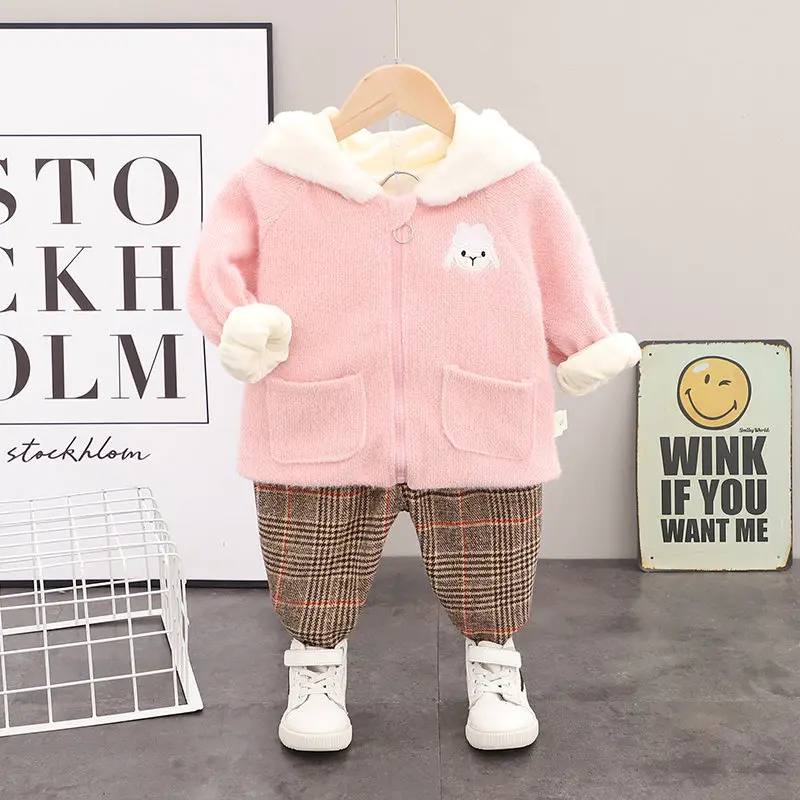 

2021 Cartoon Children Clothing Winter Baby Girls Thicken Hooded Jacket Pants 2Pcs/Set Kids Casual Plus Warm Cotton Sportswear