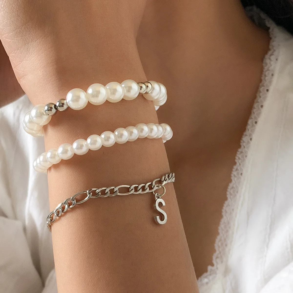 

Baroque Pearl S Letter Charms Bracelets for Women Fashion Cuban Thick Chain Bracelets Set Charm Bangles Hip Hop Punk Jewelry