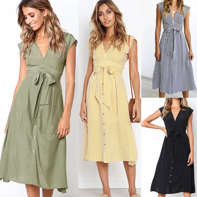 

2021 Spring And Summer Women'S European And American V-Neck Button Printed Striped Short-Sleeved Dress