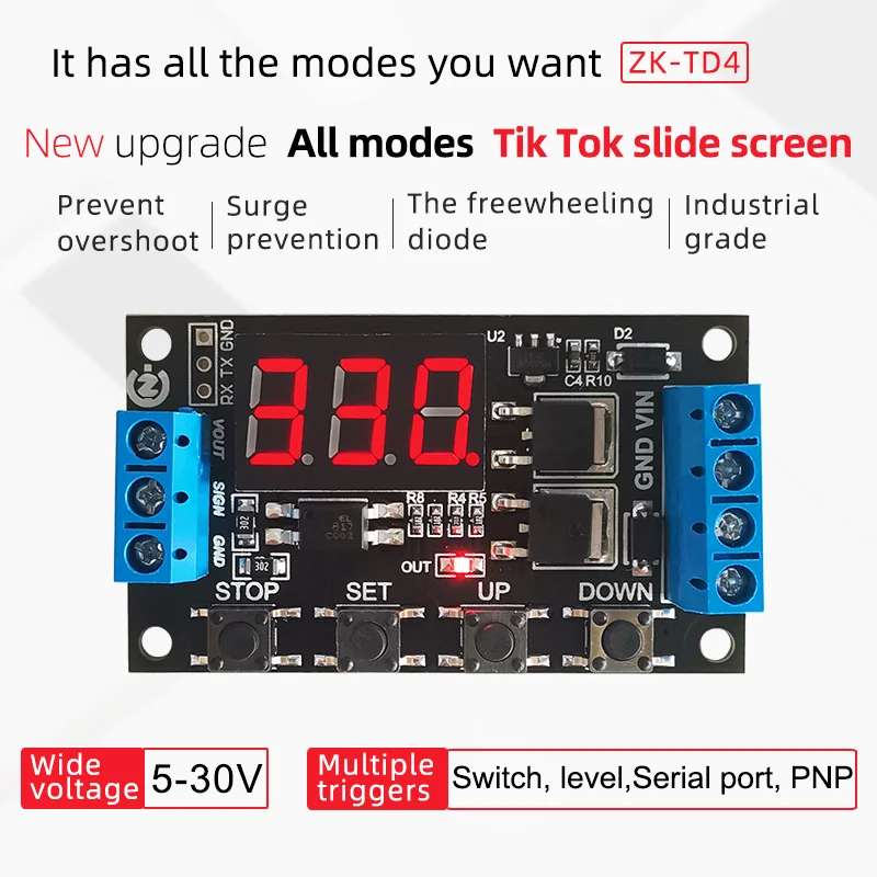 Модуль управления цифровым таймером на MOS-транзисторах с реле задержки времени и цикла, управляемый соленоидным клапаном. Регулируемый для работы с напряжением 5В, 12В, 24В.