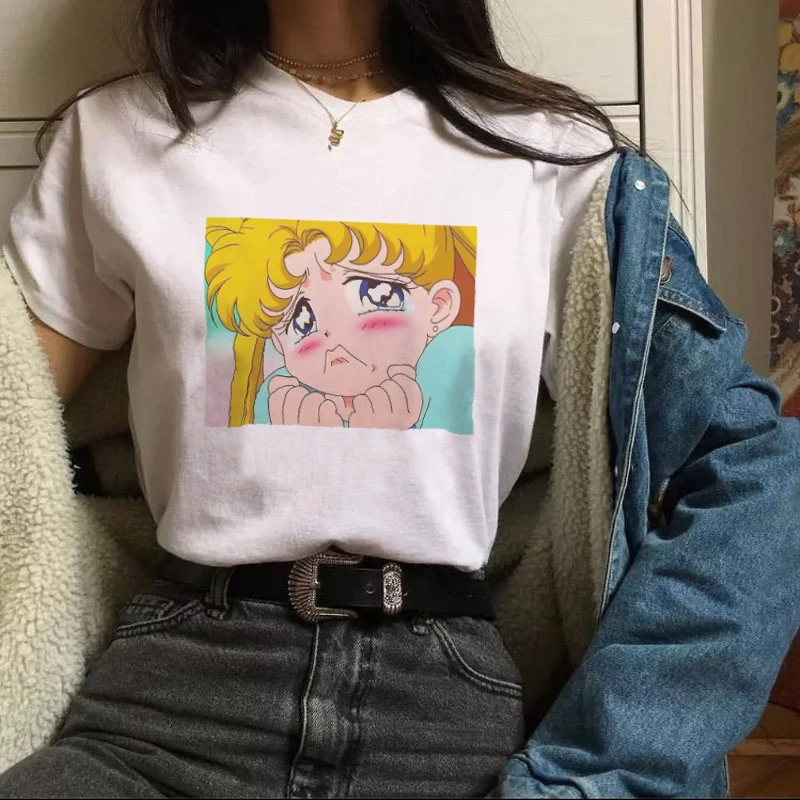 Модная Летняя женская футболка с круглым вырезом короткий рукав моряк луна