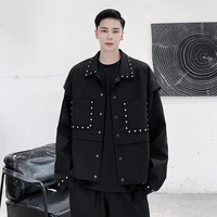 men rivet vintage fashion casual loose short jacket male women korean streetwear black coat outerwear 2021