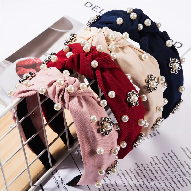 Женская повязка для волос с узлом однотонная широкая искусственным жемчугом