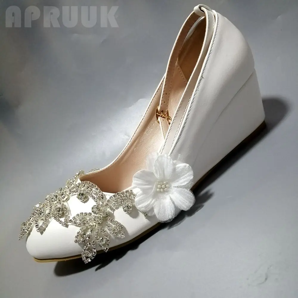 

Luxury wedges crystal wedding shoes bride shinny bling bling white silver crystal buckle ankle straps bridal pumps plus size