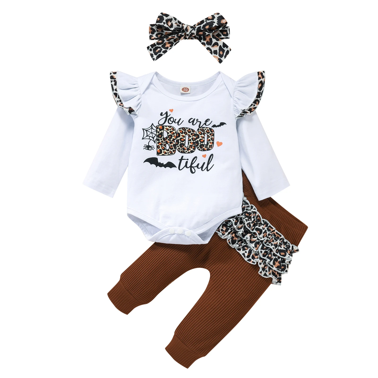 

Autumn Halloween Toddler Baby Girls Outfit Letters Long Sleeve Romper + Leopard Print Elastic Waist Pants + Headband