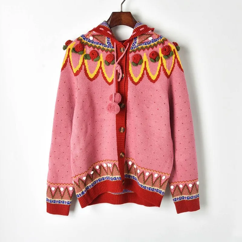 2019 Casual Hooded Single-Breasted Cardigan Cardigans Geometric Pattern Polka Dot Sweater Sweet Hand Hook 3D Flowers |