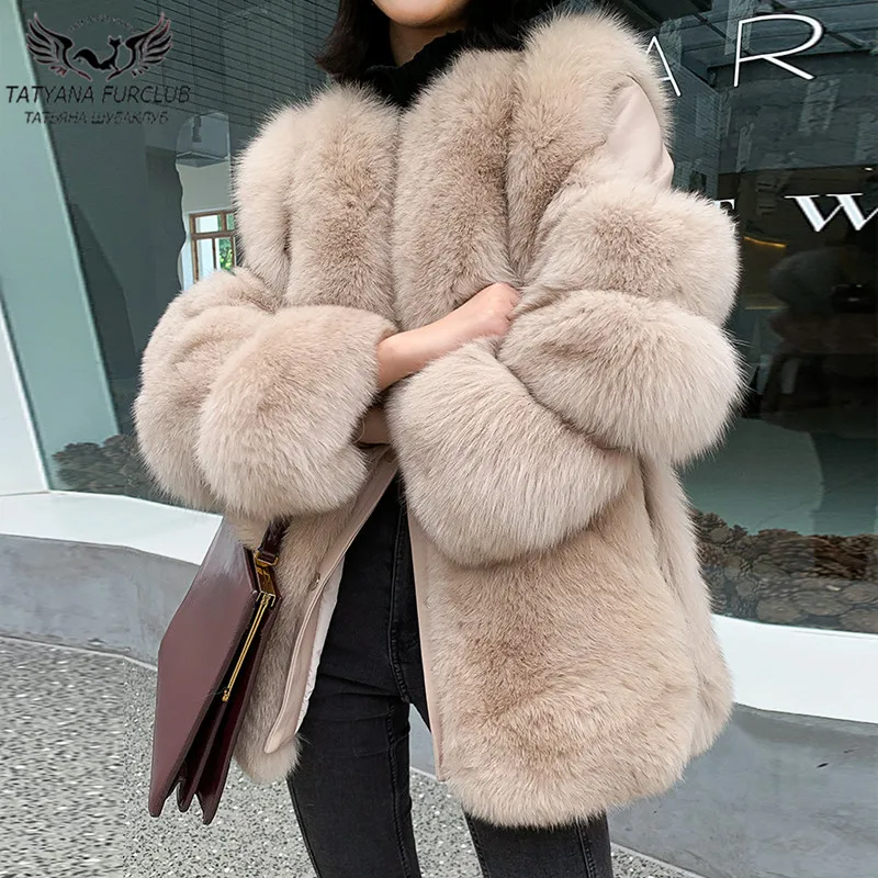 Winter Fashion Real Fur Coats For Women Outwear High Quality Natural Whole Skin Genuine Sheepskin Leather Jacket Fox Fur Outwear