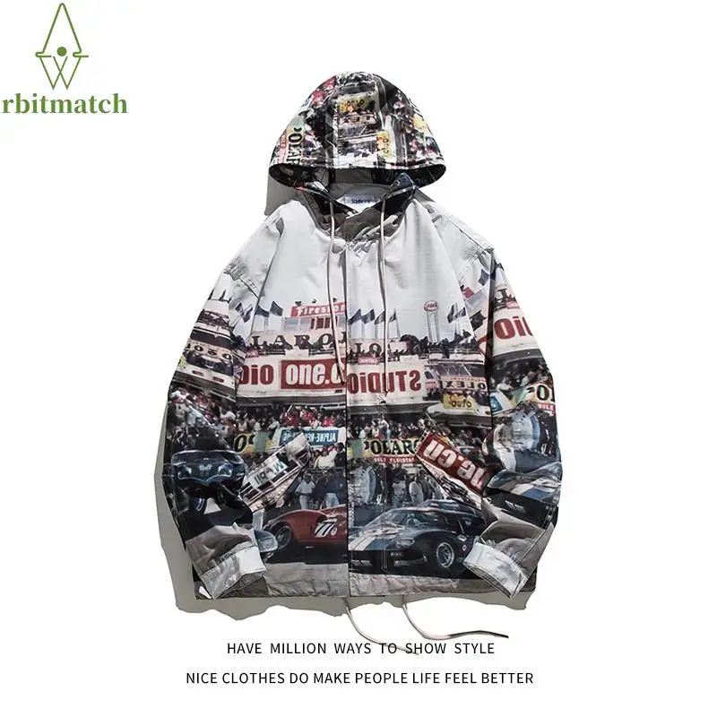 

Winter Jacket Man Hip Hop Graphic Building Print Hoodie Men Windbreaker Unisex Women Jacket Zipper Streetwear Hike Sport Coat