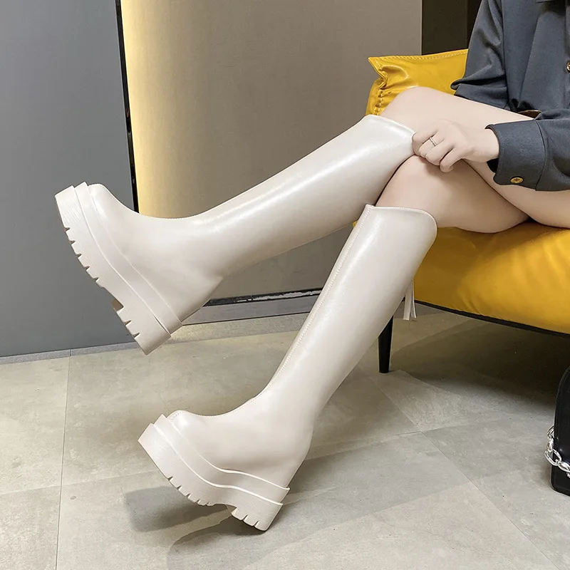 

2020 new Fashion Women Internal increase PU Leather Boots Autumn Winter Knee High Boots Ladies Thick Sole Platform Botas Mujer