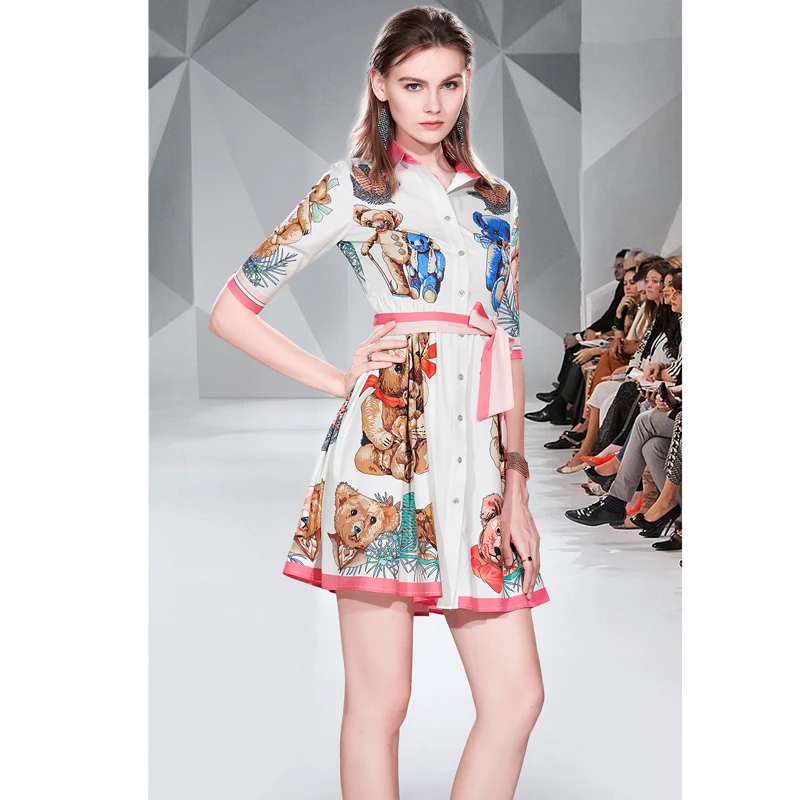 Новое летнее женское Повседневное платье на пуговицах с принтом медведя мини