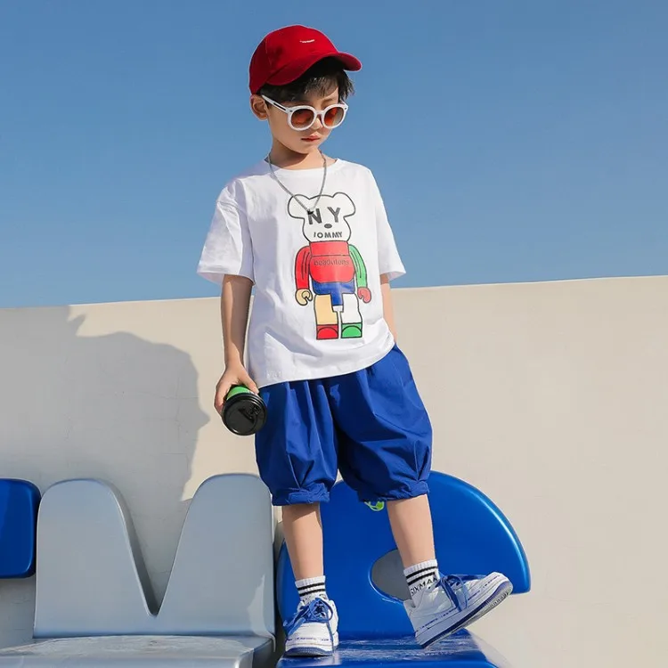 

2021 Cartoon Bear Head Kids Clothes Children Boys Cartoon T Shirt + Shorts 2pcs Set Teen Boys Clothes Sets Kids Tracksuit 6-14 Y
